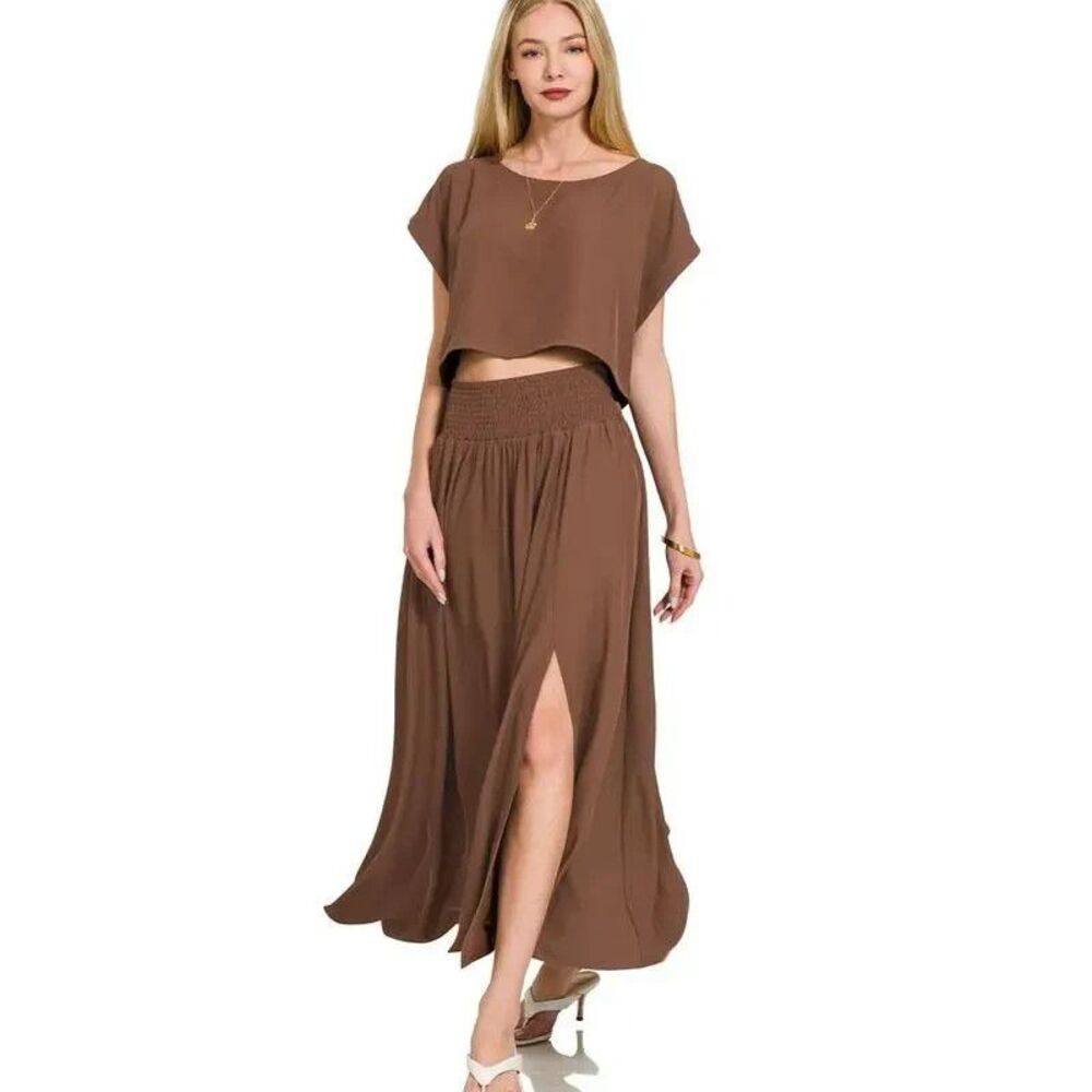 Zenana Heavy Woven Span Crop Tee & Skirt Set Brown Small NEW
